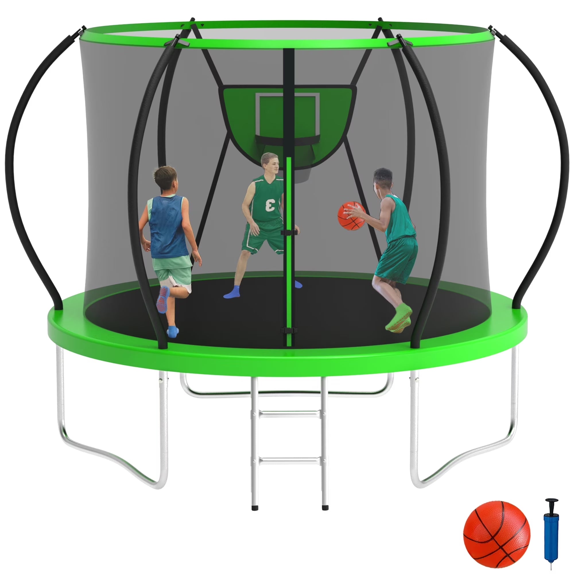 10FT Trampoline with Basketball Hoop, 1000LBS Heavy Duty Trampoline for Adults Capacity for 3-4 Kids, No Gap Design Backyard Trampoline with Enclosure Net, Ladder, a Ball, Green
