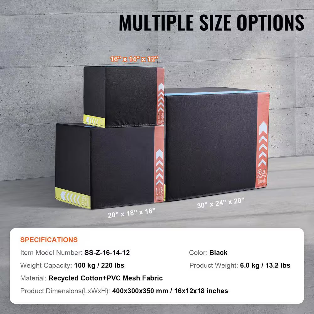 3 In. 1 Plyometric Jump Box 16/14/12 In. Cotton Plyo Box Platform and Jumping Agility Box Anti-Slip Fitness Exercise Box