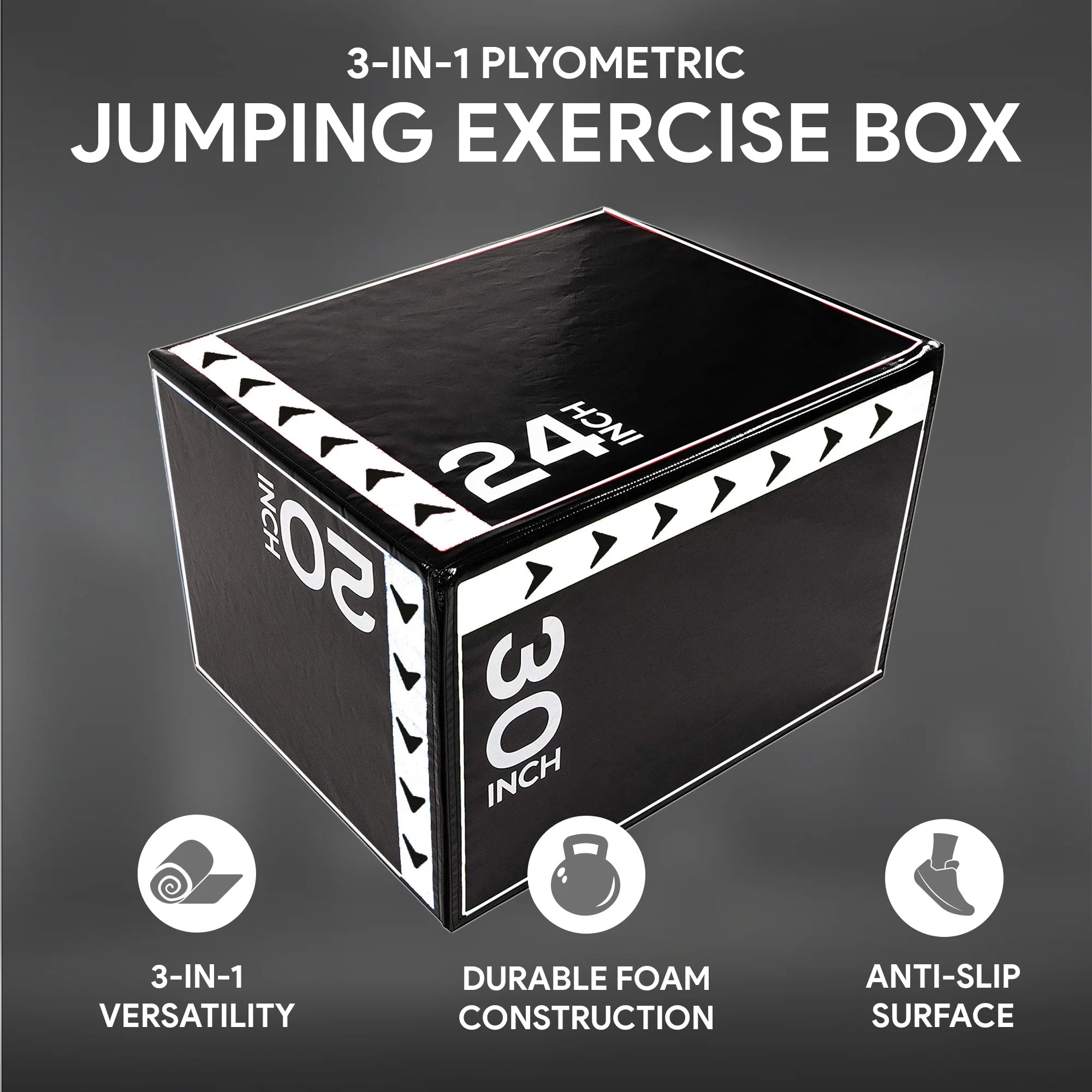 3-In-1 Rotatable Plyometric Jump Box, Jumping Exercise Trainer with anti Slip Surface & High Density Foam, Fitness Training, Easy to Clean, 20" × 24" × 30", 16LBS, Black/White