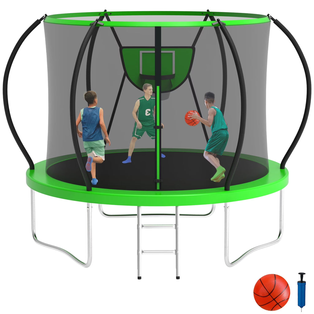10FT Trampoline with Basketball Hoop, 1000LBS Heavy Duty Trampoline for Adults Capacity for 3-4 Kids, No Gap Design Backyard Trampoline with Enclosure Net, Ladder, a Ball, Green